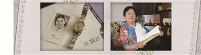 左：李稻川还留有大姨关露的照片和生前戴过的一只手表。右：李稻川向记者讲述关于大姨关露的回忆。